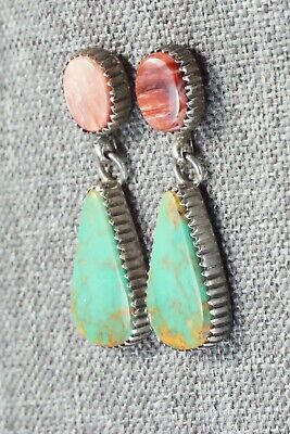 Turquoise, Spiny Oyster & Sterling Silver Earrings - Navajo