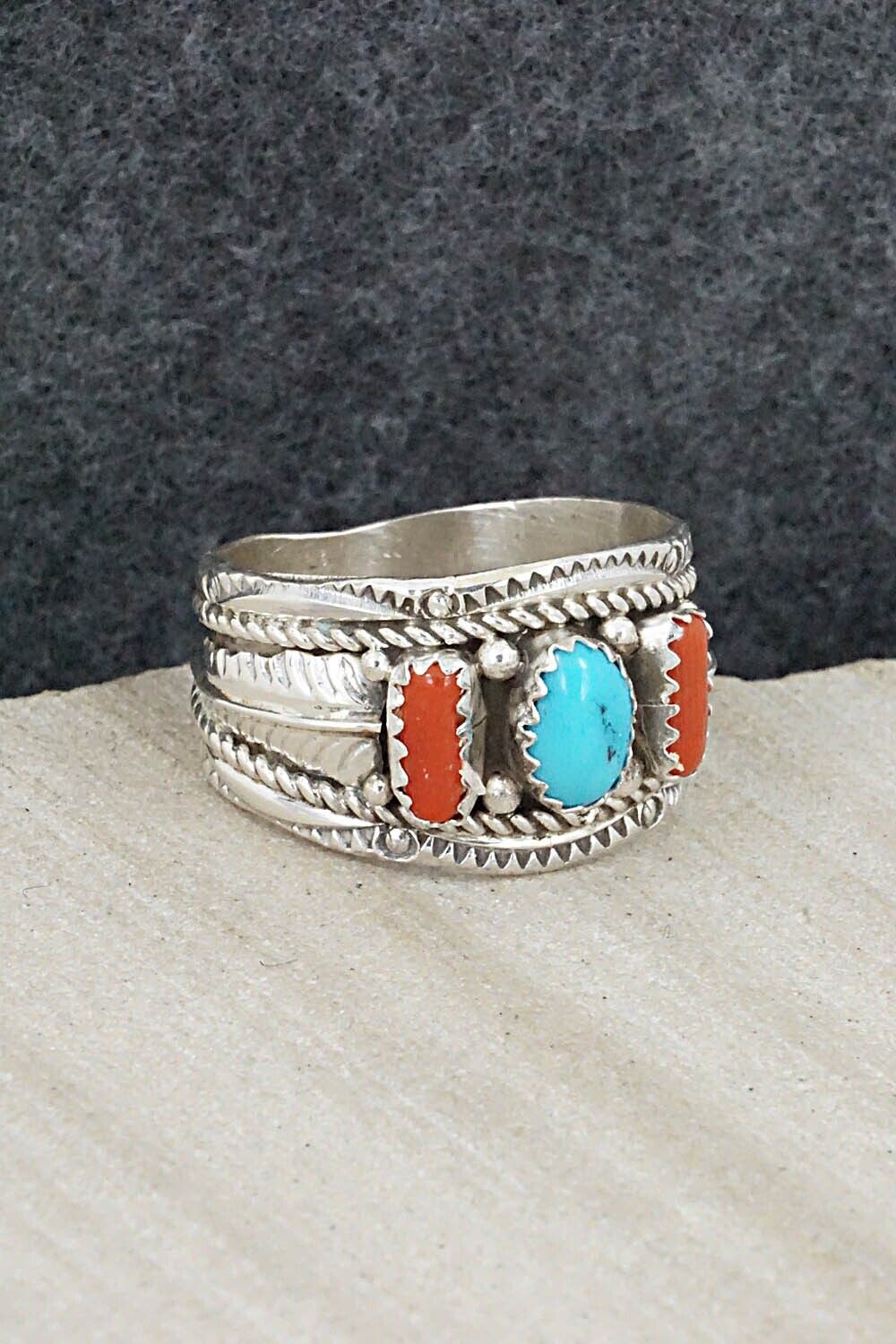 Turquoise, Coral and Sterling Silver Ring - Betty Begay - Size 11