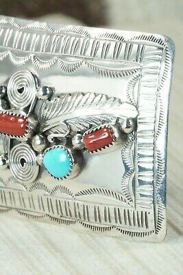 Turquoise, Coral & Sterling Silver Belt Buckle - Wilbur Myers