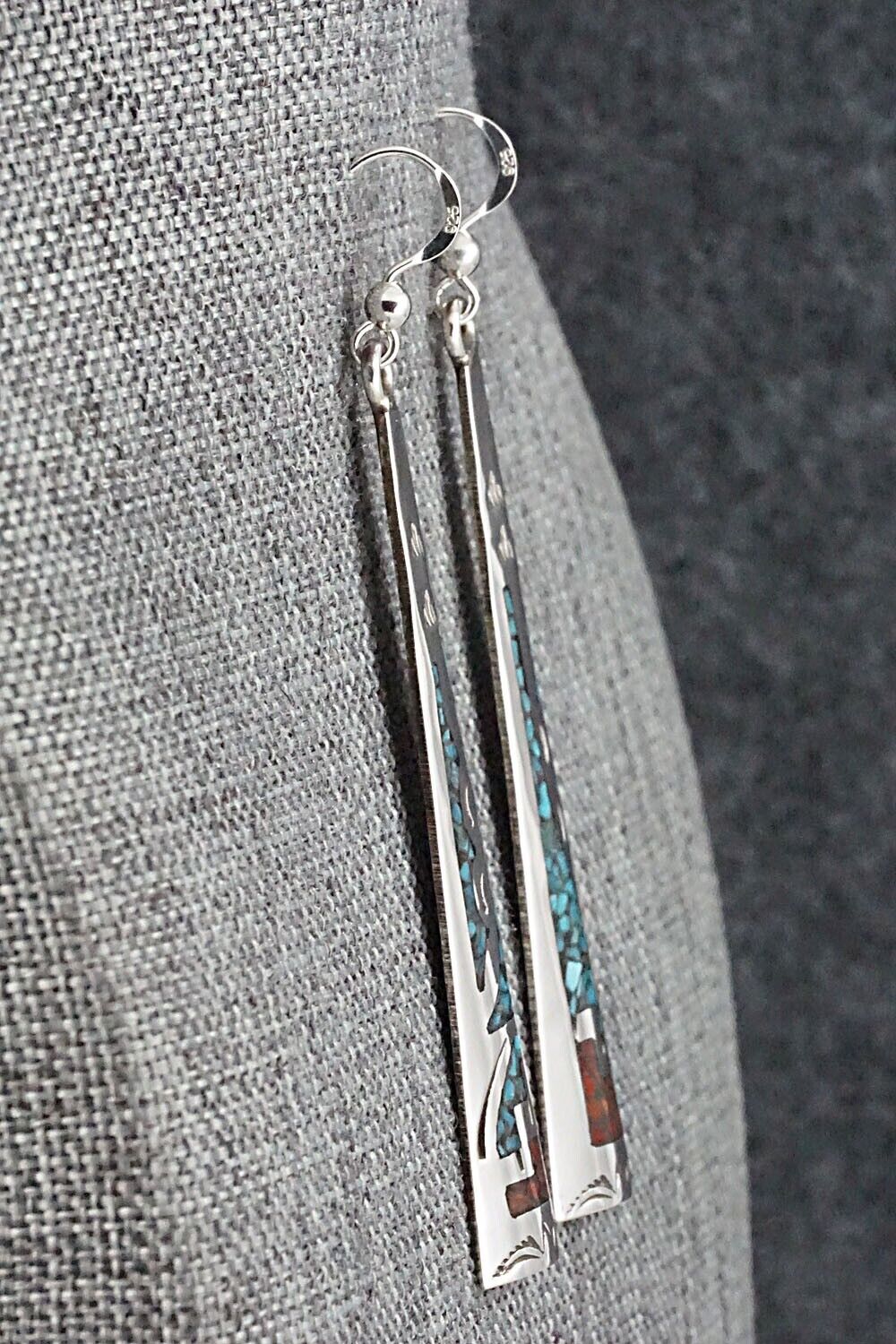Turquoise, Coral & Sterling Silver Earrings - Jolene Yazzie