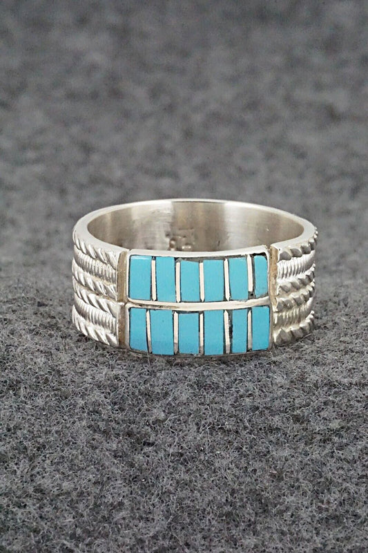 Turquoise & Sterling Silver Inlay Ring - Orlando Laweka - Size 12.5