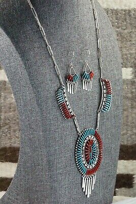 Zuni Turquoise, Coral & Sterling Silver Necklace & Earrings - Edmund Cooeyate