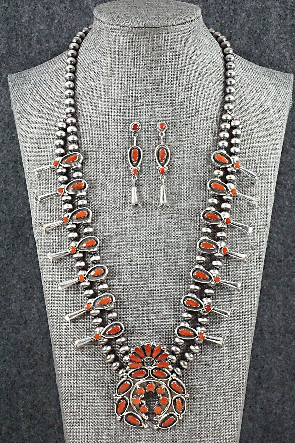 Coral & Sterling Silver Squash Blossom Set - Viola Bobelu