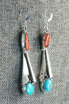 Navajo Turquoise, Coral & Sterling Silver Earrings - Roger Pino