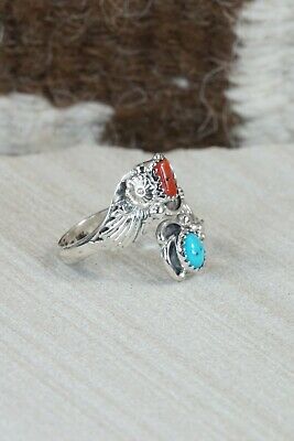 Navajo Turquoise, Coral and Sterling Silver Ring - Etta Belin - Size 5.5