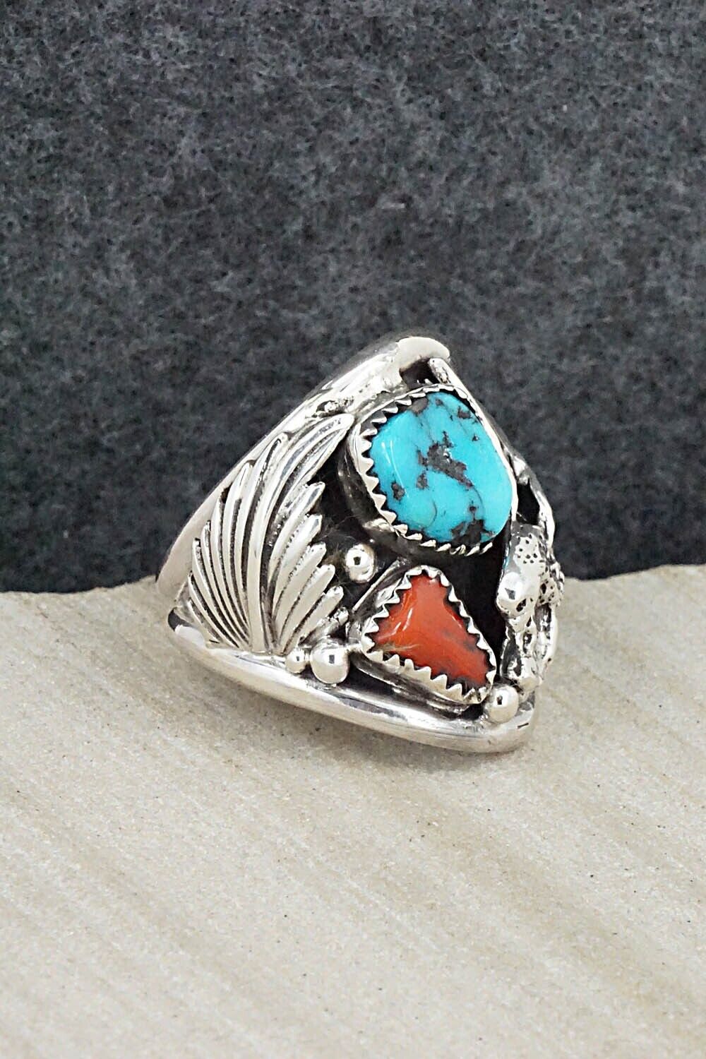 Turquoise, Coral & Sterling Silver Ring - Jeannette Saunders - Size 9.5