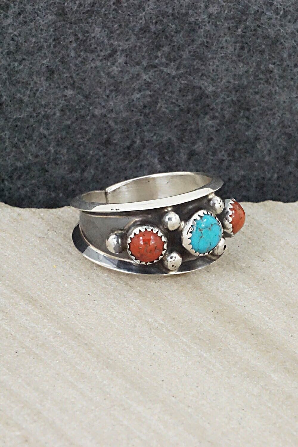 Turquoise, Coral & Sterling Silver Ring - Paul Largo - Size 9