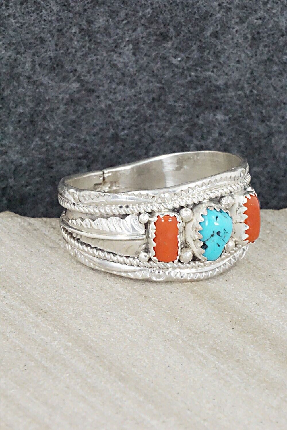 Turquoise, Coral and Sterling Silver Ring - Betty Begay - Size 15.5