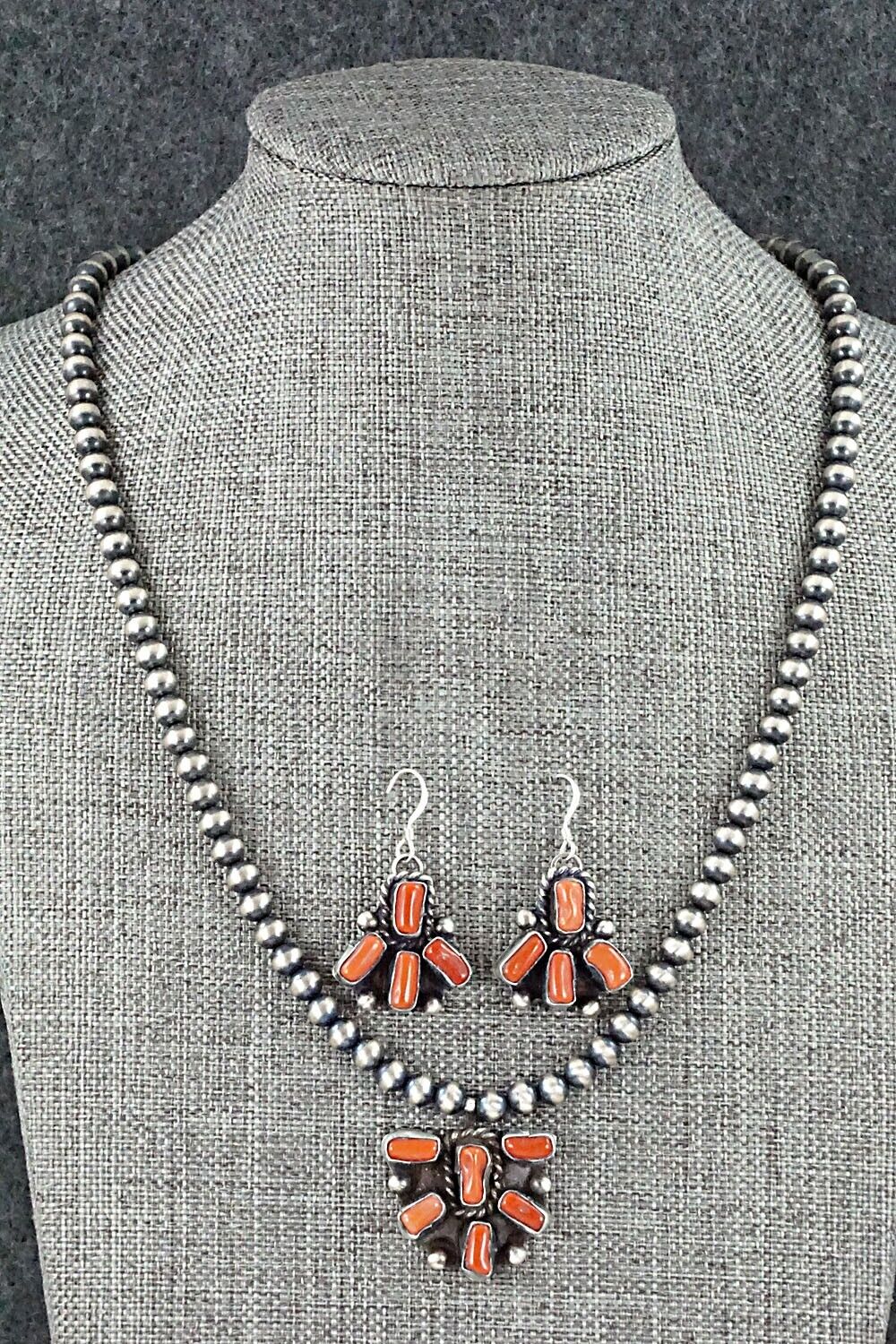 Coral & Sterling Silver Necklace and Earrings Set - Wilson Dawes