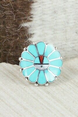 Turquoise & Sterling Silver Inlay Ring - Delbert Soseeah - Size 5.5