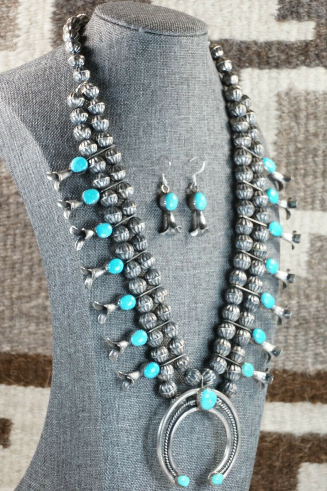 Turquoise & Sterling Silver Squash Blossom & Earrings - Leon Kirlie