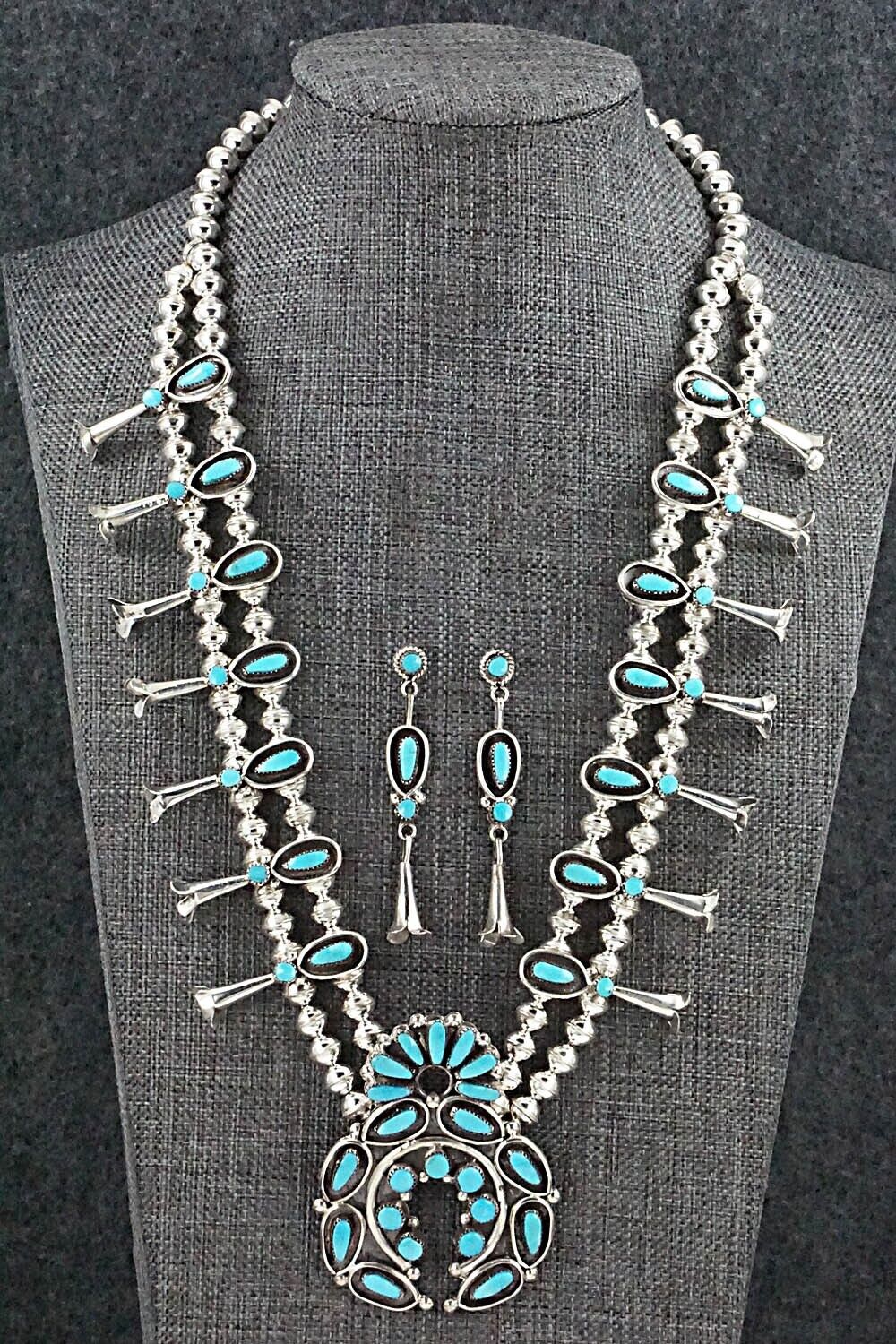 Turquoise & Sterling Silver Squash Blossom and Earrings - Vie Bobelu