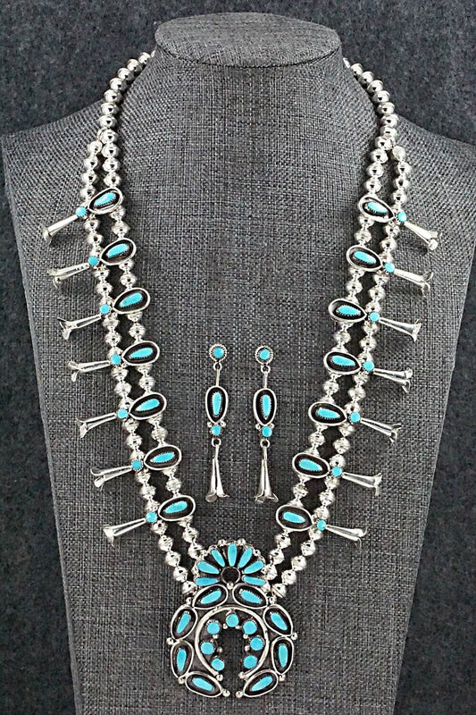Turquoise & Sterling Silver Squash Blossom and Earrings - Vie Bobelu