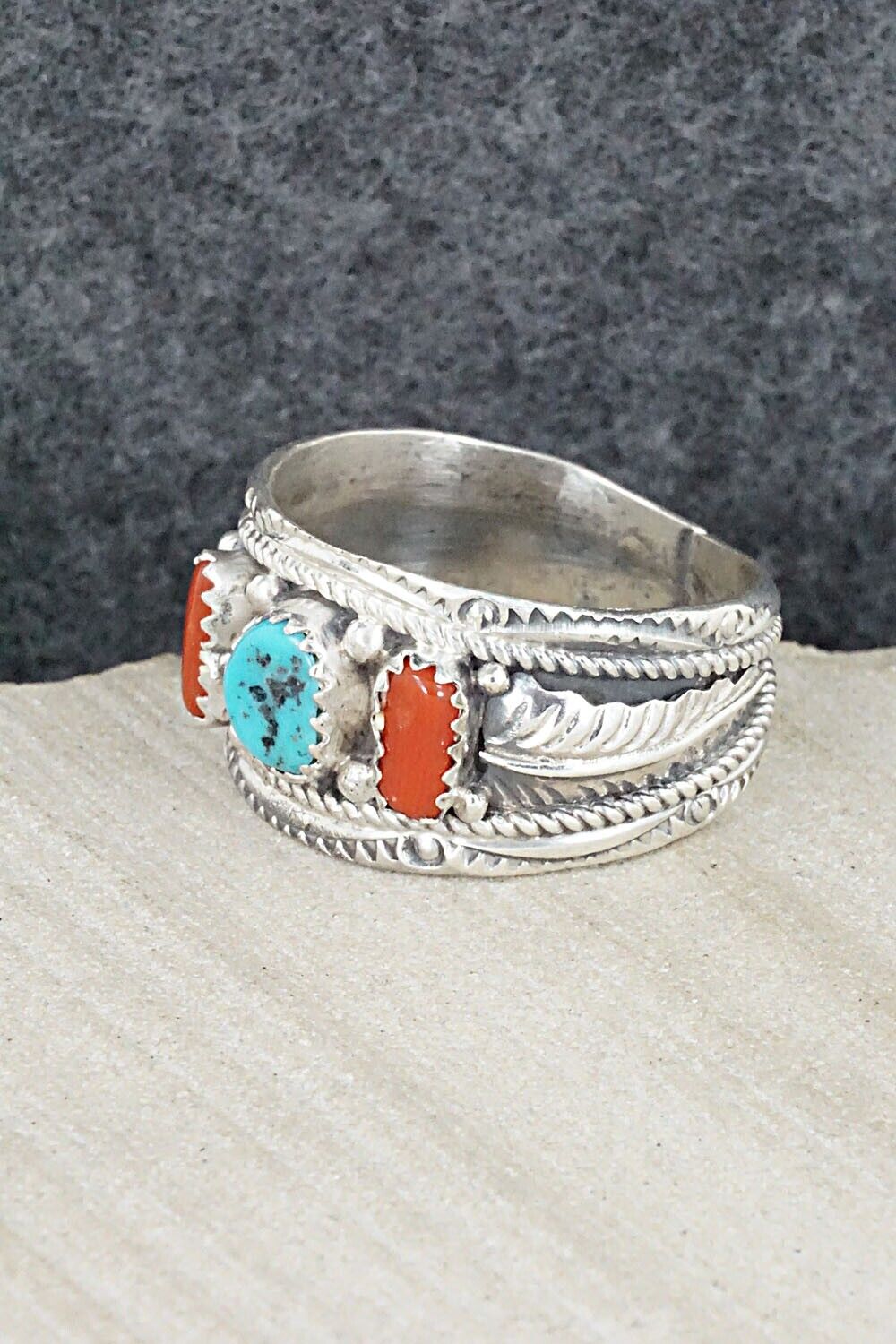 Turquoise, Coral and Sterling Silver Ring - Betty Begay - Size 12