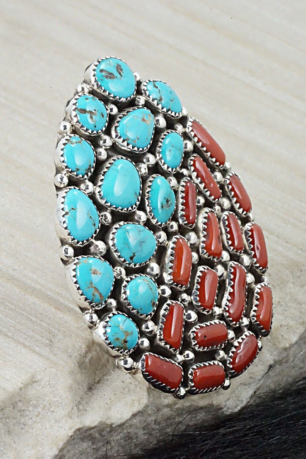 Coral, Turquoise & Sterling Silver Ring - Marlene Haley - Size 7 (adj.)