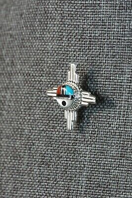 Zuni Turquoise, Coral and Sterling Silver Sun Face Tie Tack - Elvira Kiyite - High Lonesome Trading