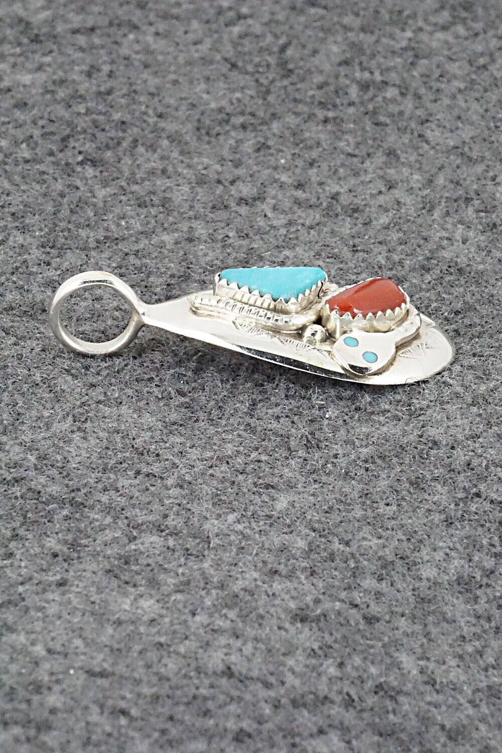 Turquoise, Coral and Sterling Silver Pendant - Joy Calavaza