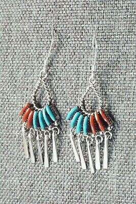 Turquoise, Coral & Sterling Silver Earrings - Edmund Cooeyate - High Lonesome Trading