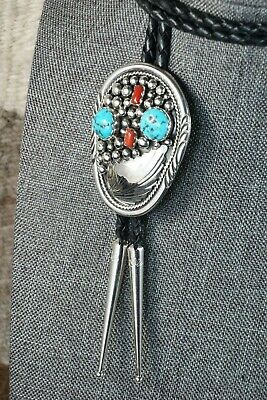 Navajo Turquoise, Coral and Sterling Silver Bolo Tie - Fred Peters - High Lonesome Trading