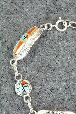 Coral, Mother of Pearl & Sterling Silver Link Bracelet - Patty Edaakie