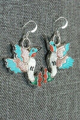 Zuni Multi Stone Inlay & Sterling Silver Hummingbird Earrings - Tamara Pinto - High Lonesome Trading
