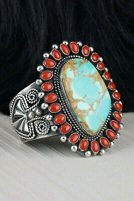 Navajo Turquoise & Coral Sterling Silver Bracelet - Braxton Parkett - High Lonesome Trading