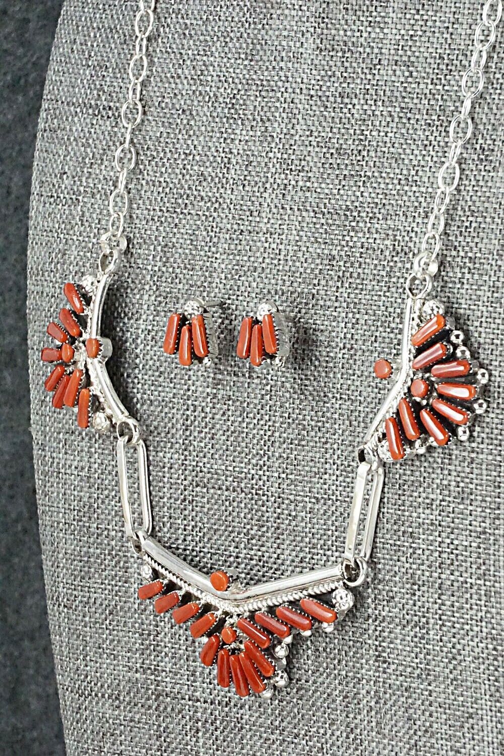 Coral & Sterling Silver Necklace and Earrings Set - Carlene Hattie