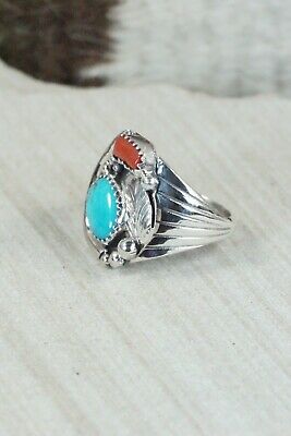 Navajo Turquoise, Coral & Sterling Silver Ring - Jeanette Saunders - Size 8.5