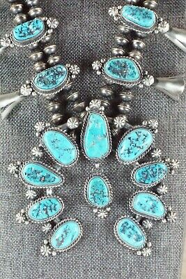 Turquoise & Sterling Silver Squash Blossom and Earrings - Vernon Johnson