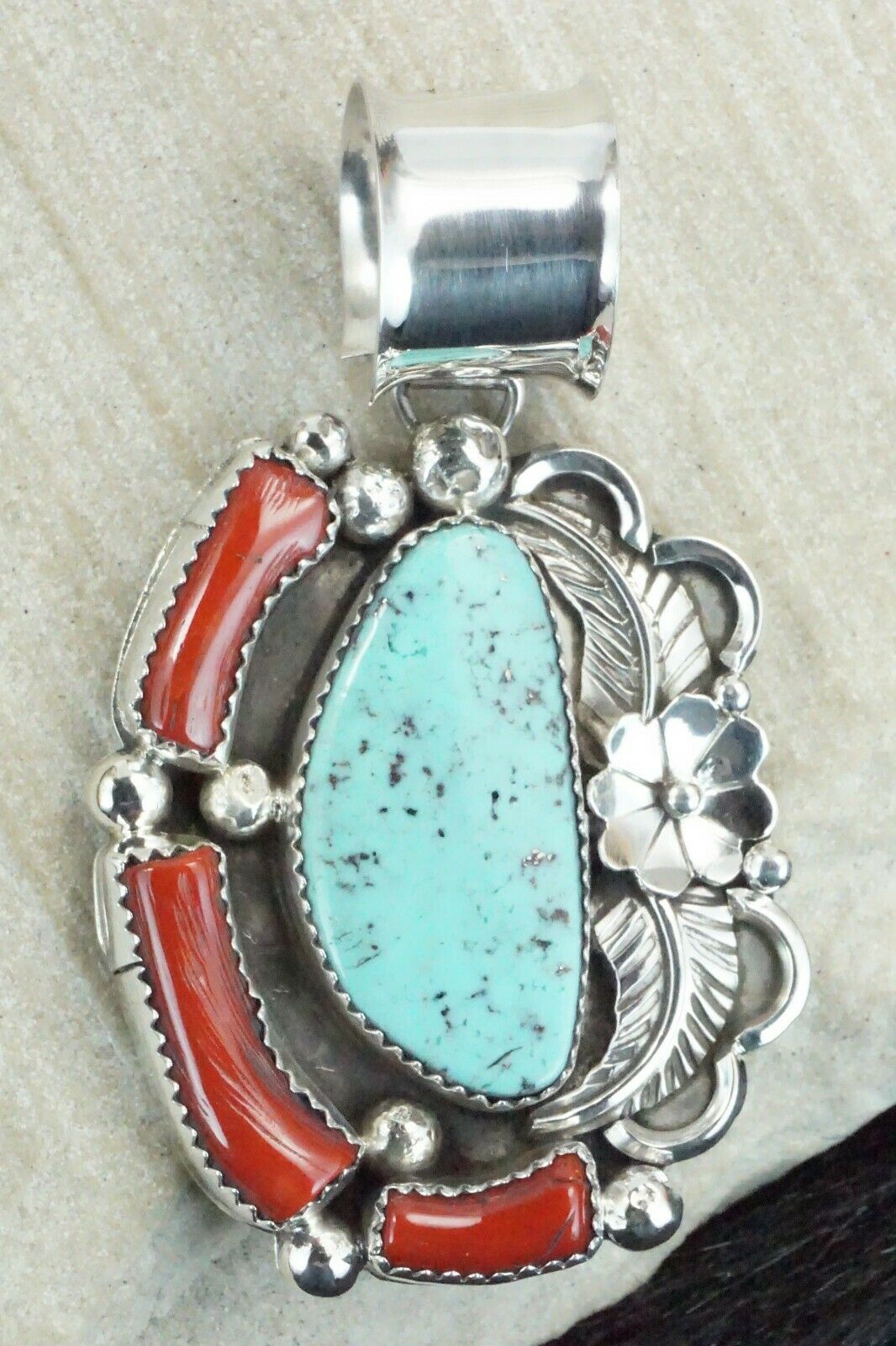 Turquoise, Coral and Sterling Silver Pendant - Shirley Largo