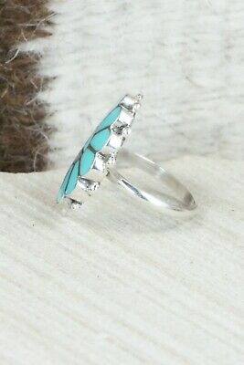 Turquoise & Sterling Silver Inlay Ring - Delbert Soseeah - Size 5.5
