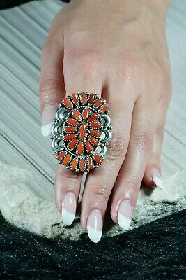 Navajo Coral and Sterling Silver Ring - Justina Wilson - Size 8 - High Lonesome Trading