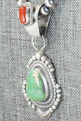 Turquoise, Coral Pendant & Sterling Silver Necklace - Tom Lewis