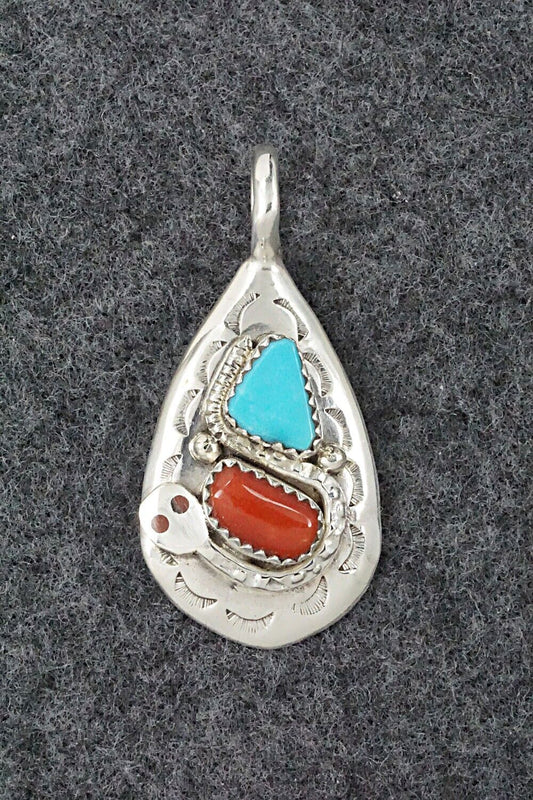 Turquoise, Coral and Sterling Silver Pendant - Joy Calavaza