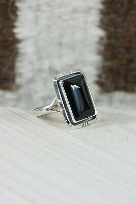 Navajo Onyx and Sterling Silver Ring - Amos Begay - Size 8.25 - High Lonesome Trading