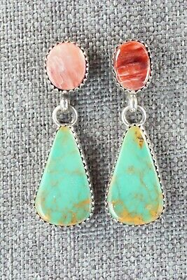 Turquoise, Spiny Oyster & Sterling Silver Earrings - Navajo