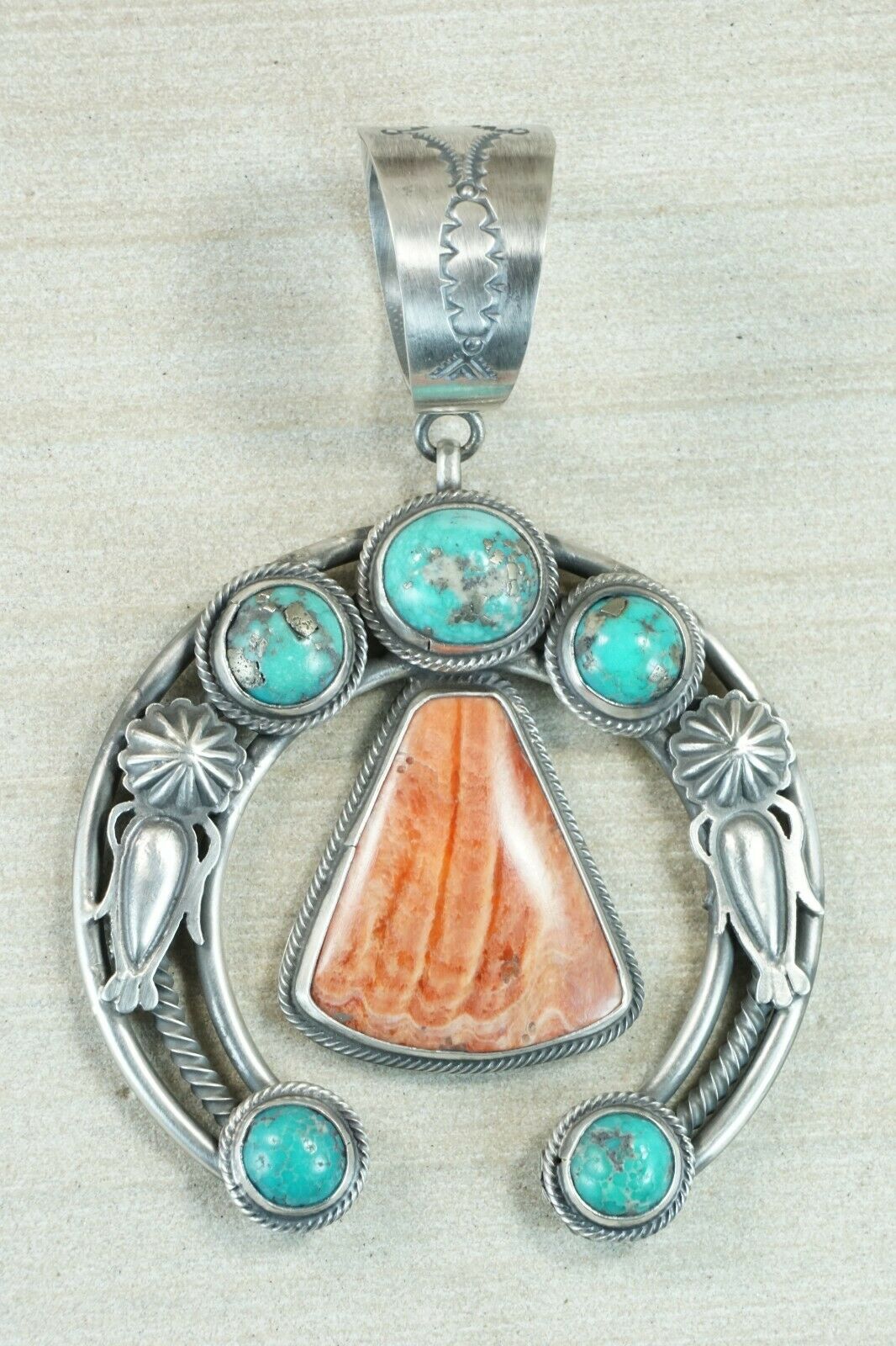 Turquoise, Spiny Oyster and Sterling Silver Pendant - Raymond Delgarito