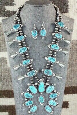 Turquoise & Sterling Silver Squash Blossom and Earrings - Vernon Johnson
