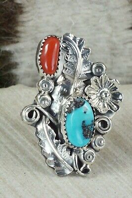 Turquoise, Coral & Sterling Silver Ring - Harry Yazzie - Size 7.5