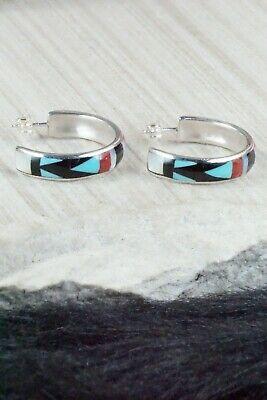 Multi Stone Inlay & Sterling Silver Hoop Earrings - Delberta Boone - High Lonesome Trading