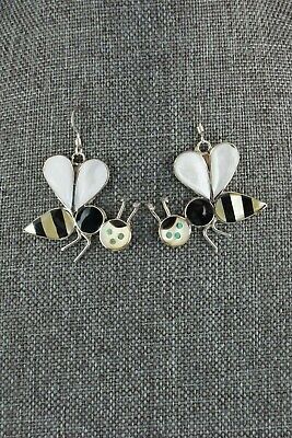 Zuni Mother of Pearl and Onyx Honeybee Sterling Silver Earrings - Angus Ahiyite - High Lonesome Trading