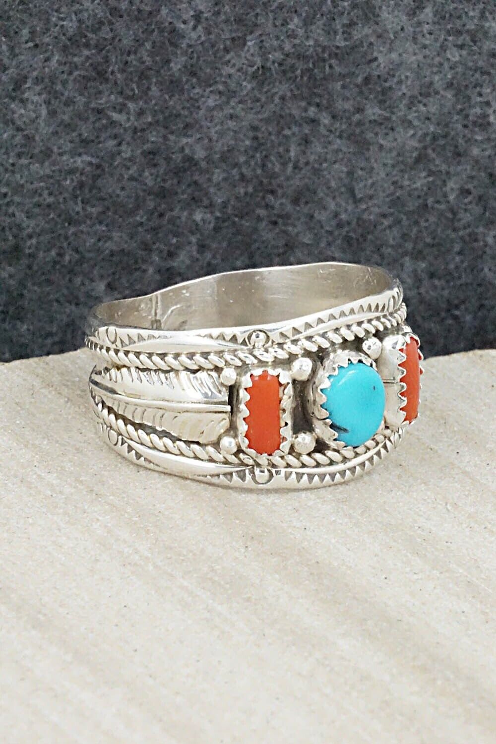 Turquoise, Coral and Sterling Silver Ring - Betty Begay - Size 14.5