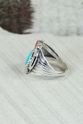 Navajo Turquoise, Coral & Sterling Silver Ring - Jeanette Saunders - Size 8.5