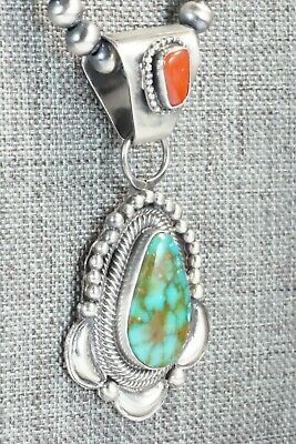 Turquoise, Coral Pendant & Sterling Silver Necklace - Tom Lewis