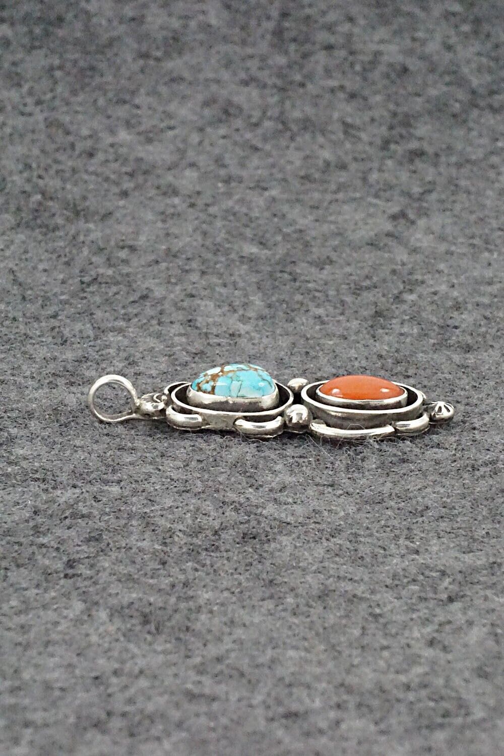 Turquoise, Coral & Sterling Silver Pendant - Roger Lewis
