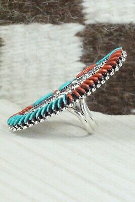 Turquoise, Coral and Sterling Silver Ring - Edmund Cooeyate - Size 7.5