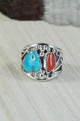 Turquoise, Coral & Sterling Silver Ring - Jeanette Saunders - Size 12