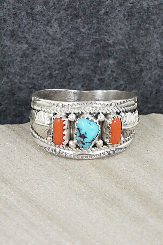 Turquoise, Coral and Sterling Silver Ring - Betty Begay - Size 13.5
