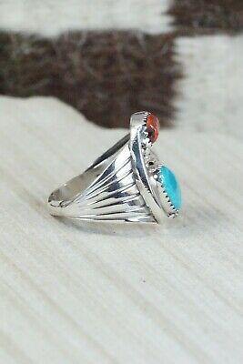 Navajo Turquoise, Coral & Sterling Silver Ring - Jeanette Saunders - Size 9.5 - High Lonesome Trading
