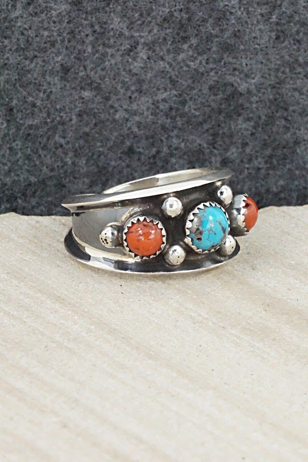 Turquoise, Coral & Sterling Silver Ring - Paul Largo - Size 9.5